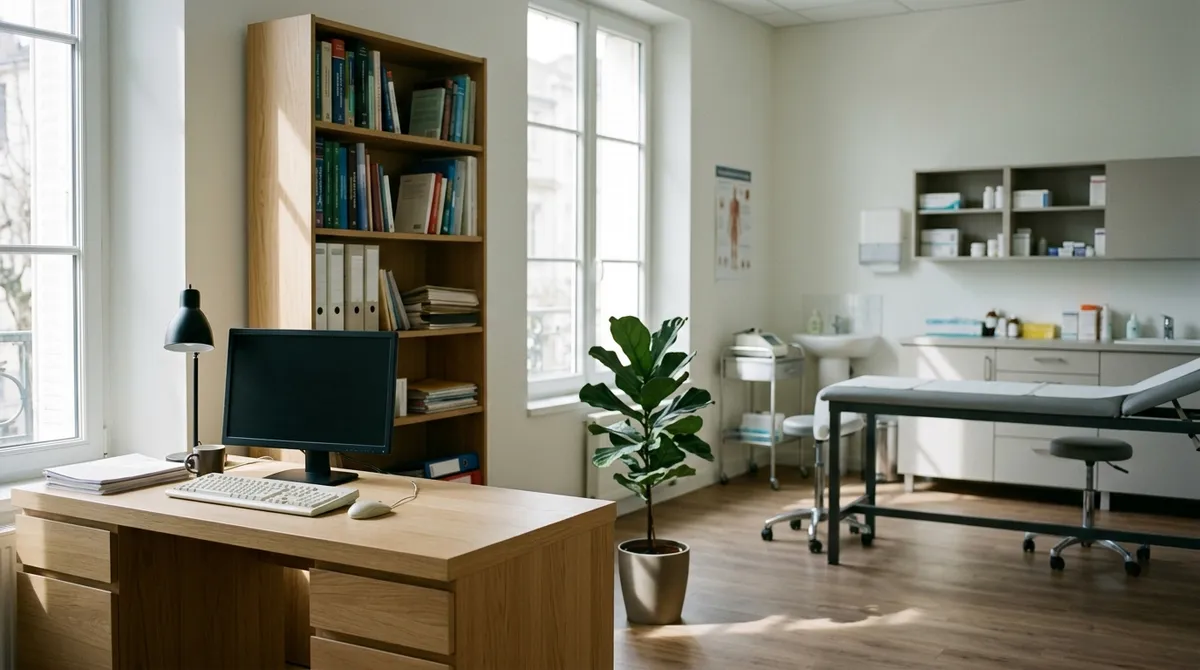 Cabinet médical vide avec bureau et bibliothèque